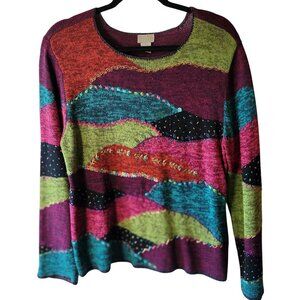 Vintage Colorful Patchwork Knit Sweater Womens Large